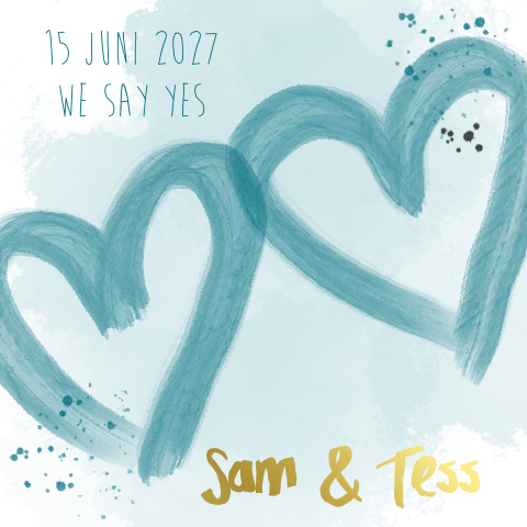 Trouwkaart blauw harten verf en foliedruk