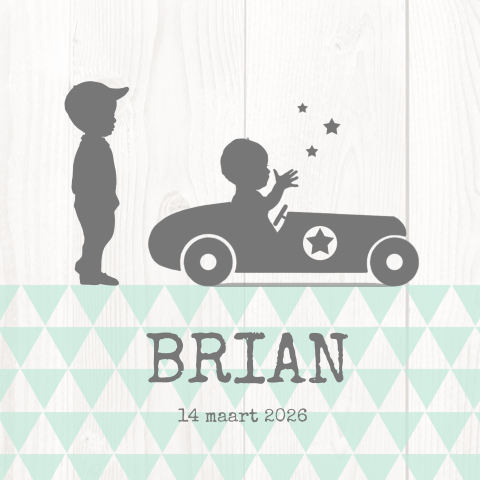 Geboortekaartje jongen tweede kindje profiel raceauto met ster en hout