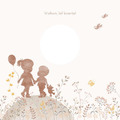 Een lief geboortekaartje met waterverf silhouet zusje en bloemen