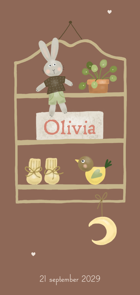 Geboortekaartje meisje met speelgoedrek en knuffel konijntje