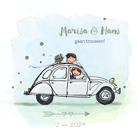 Trouwkaart met getekende auto citroen eend wit
