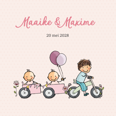 Getekend geboortekaartje tweeling meisjes met loopfiets