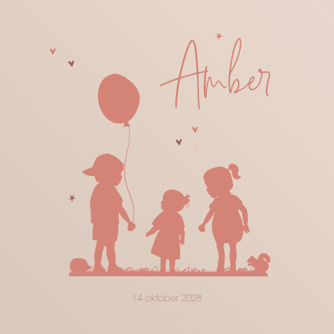Silhouet geboortekaartje 3e kindje meisje met broer en zus en ballon 