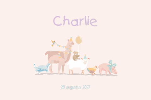 Geboortekaartje voor een meisje met een vrolijke optocht van dieren