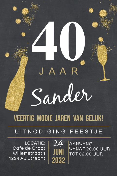 40 jaar uitnodiging verjaardag glitterlook champagne met glas