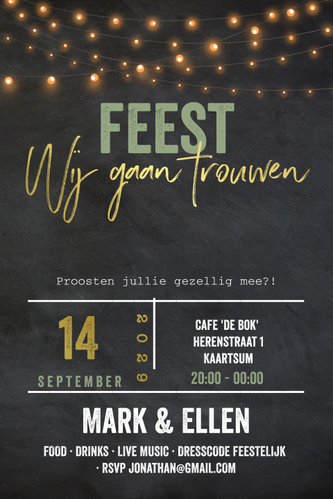 Trouwkaart  krijtbord en lampjes met echt goudfolie