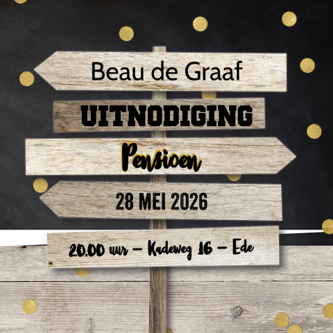 Uitnodiging pensioenfeest met houten borden en confetti