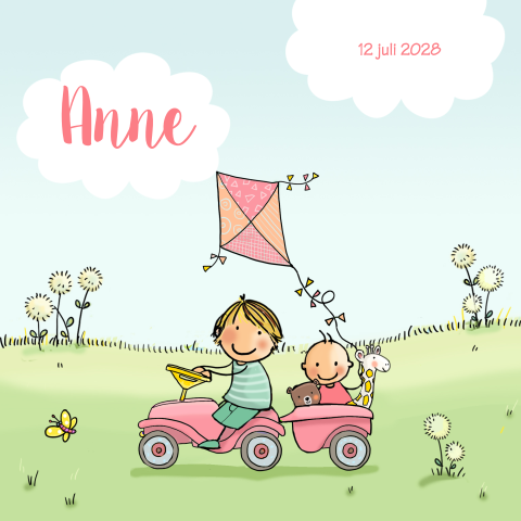 Geboortekaartje 2de kindje meisje in een trapauto