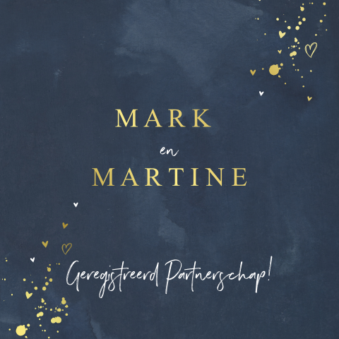 Geregistreerd partnerschap watercolor hartjes darkblue met goudfolie