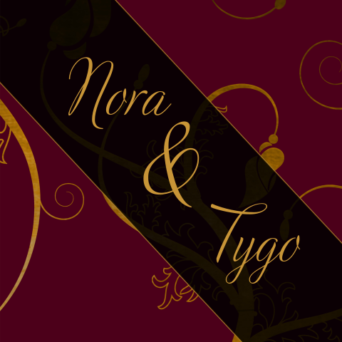 Sierlijke donker rode trouwkaart met goudkleurige versiering