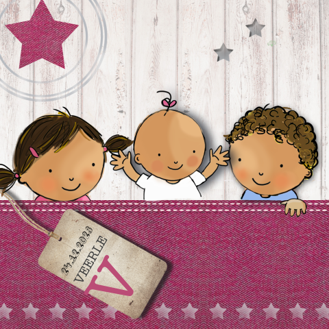 Getekende geboortekaartje derde kind met hout