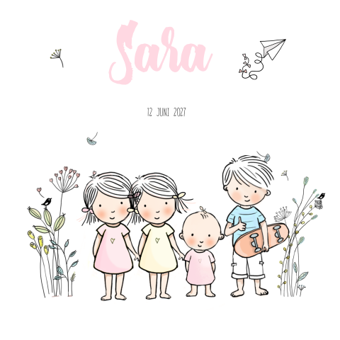 Geboortekaartje 4e kindje getekende kindjes