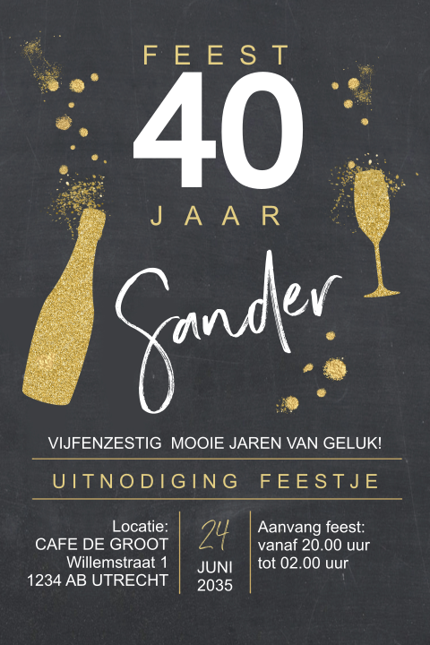 Uitnodiging 40e verjaardagsfeest met glitterlook fles en glas
