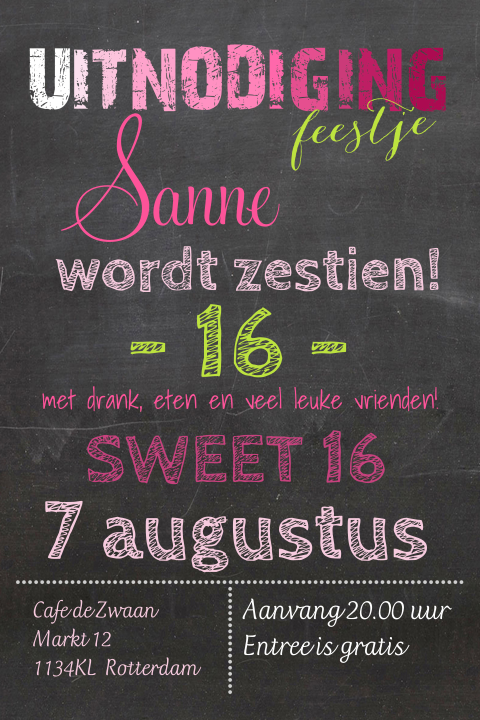 Hippe uitnodiging sweet 16 in krijtbord met leuke kleuren