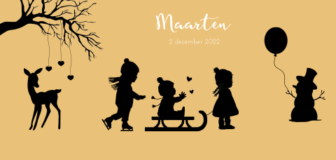 Hip geel geboortekaartje jongen met slee winter zus lang