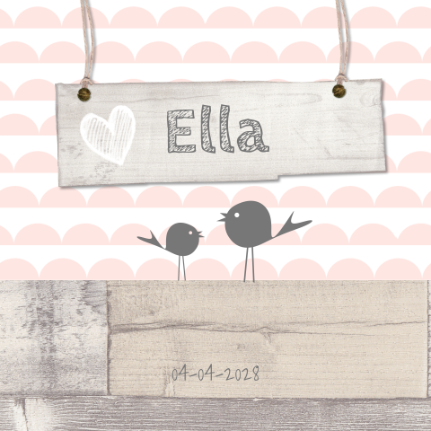 Meisjes geboortekaartje met hout en vogeltjes