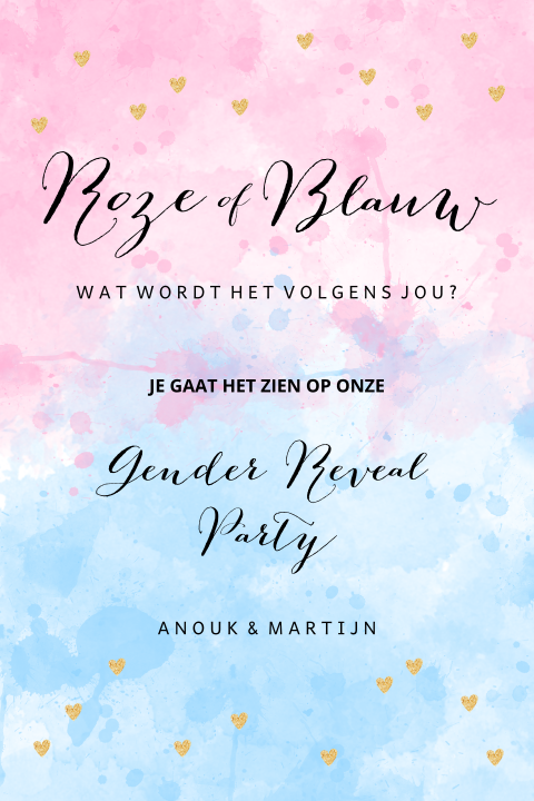 Uitnodiging Gender Reveal Party roze blauw hartjes