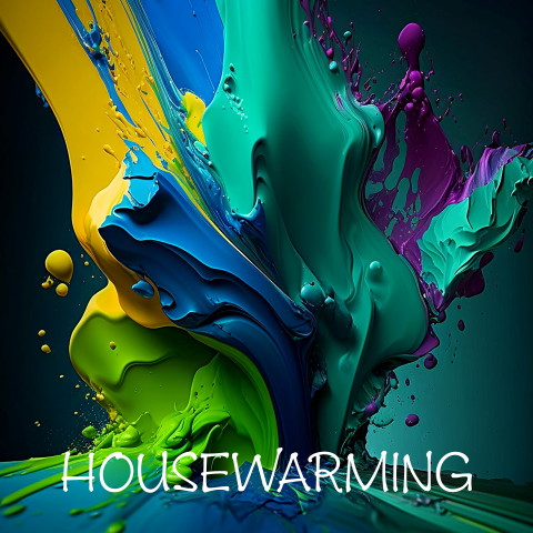 Uitnodiging housewarming verfspatten blauw groen