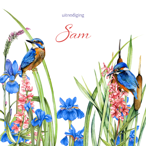 Uitnodiging verjaardag 65 jaar met ijsvogel en blauwe en rode bloemen