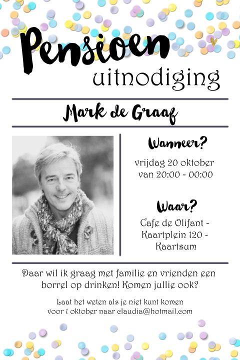 Uitnodiging pensioen met lichte kleuren confetti en typografie