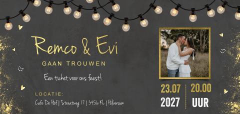 Trouwkaart ticket festival lichtsnoer en foliedruk