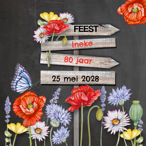 Uitnodiging verjaardag 80 jaar wegwijzer klaprozen
