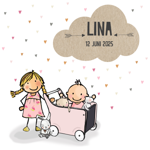 2e kindje geboortekaartje meisje met zus en knuffels