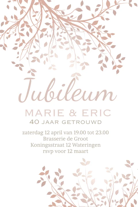 Jubileum uitnodiging koper en wit tinten bladeren