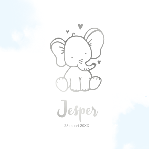 Zilverfolie geboortekaartje met olifant voor een jongen