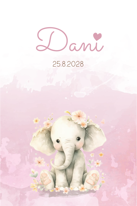 Geboortekaartje voor een meisje met een olifantje op roze waterverf