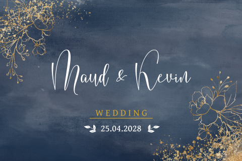 Trouwkaart blauw goudlook bloem