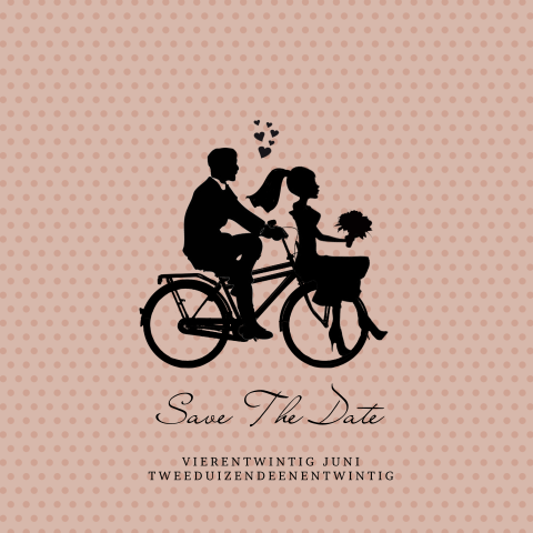 Save The Date kaart met bruidspaar op fiets in silhouet 