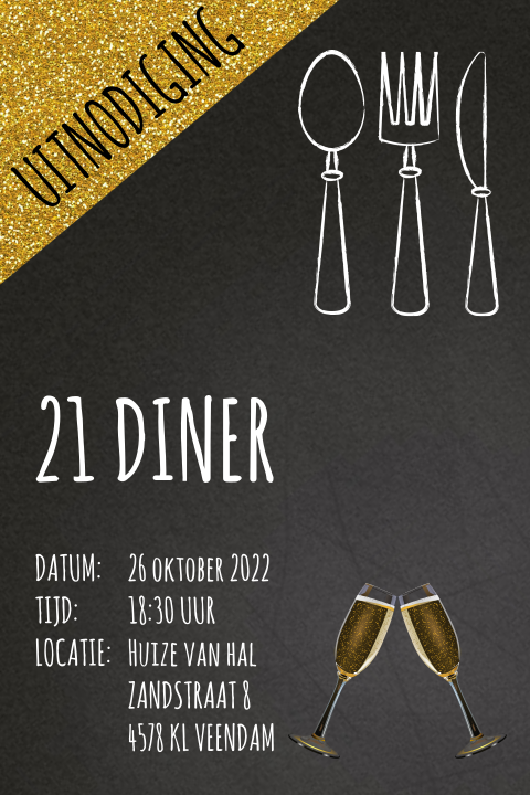 Uitnodiging 21 diner met mes vork en lepel