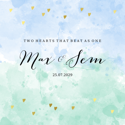 Geboortekaartje tweeling lichtblauw mint waterverf hartjes