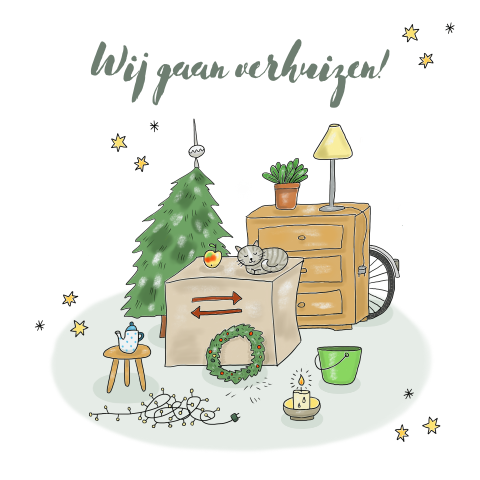 Kerstverhuiskaart grappig, kerstboom, doos en kerstlampjes