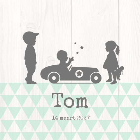 Geboortekaartje jongen 3e kindje profiel raceauto met ster en hout