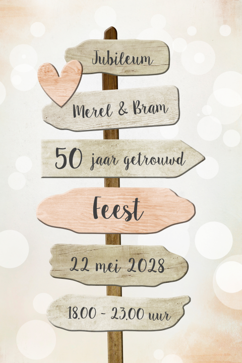 Jubileum 50 jaar getrouwd uitnodiging wegwijzer houten bordjes pastel