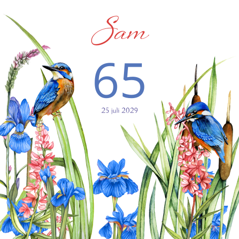 Uitnodiging verjaardag 65 jaar met ijsvogel en blauwe en rode bloemen