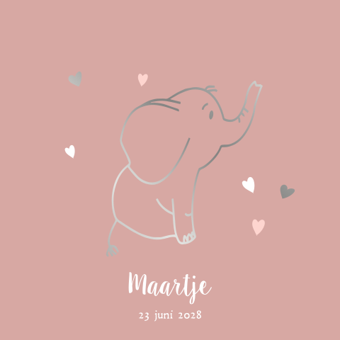 Lief geboortekaartje voor een meisje met olifantje in echt zilverfolie