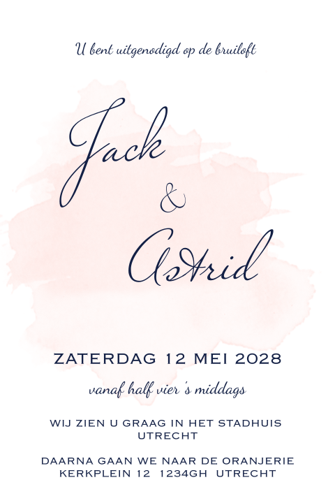 Trouwkaart enkele pagina uitnodiging waterverf roze