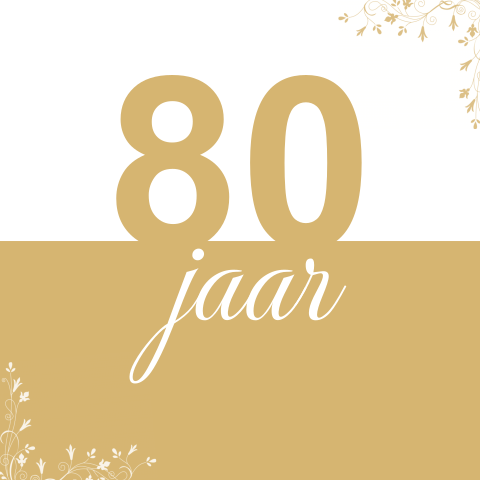 Uitnodigingskaart 80e verjaardag met goud en bloemen