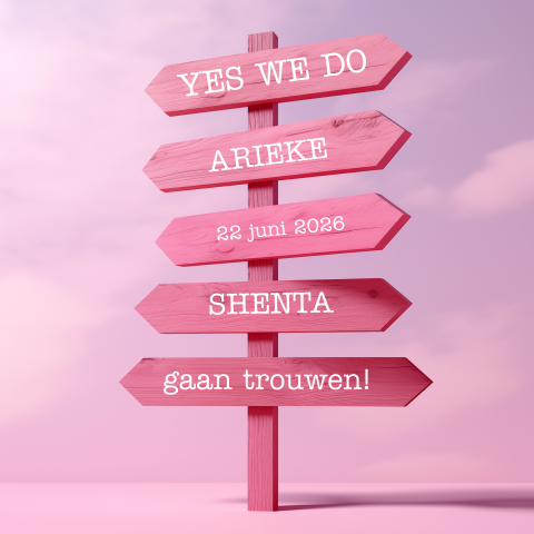 Trouwkaart 2 vrouwen roze met wegwijsborden