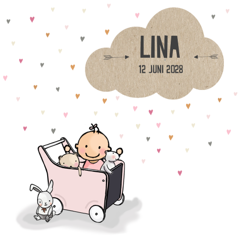 Geboortekaartjemeisje met knuffels