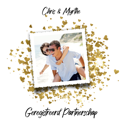 Uitnodiging Geregistreerd Partnerschap kaart met gouden harten foto