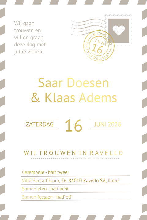 Trouwkaart in stijl van briefkaart air post