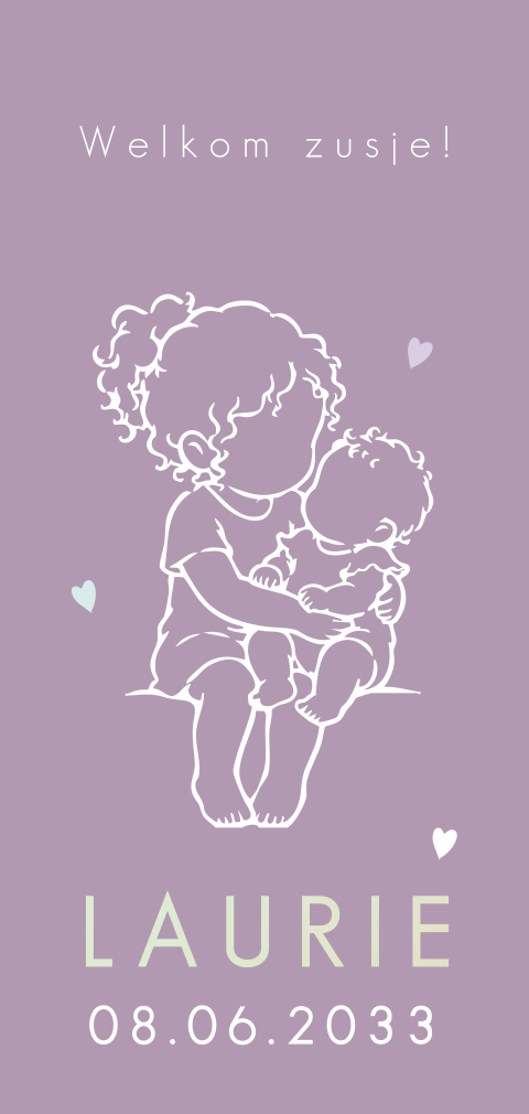 Lief geboortekaartje met grote zus en baby op schoot
