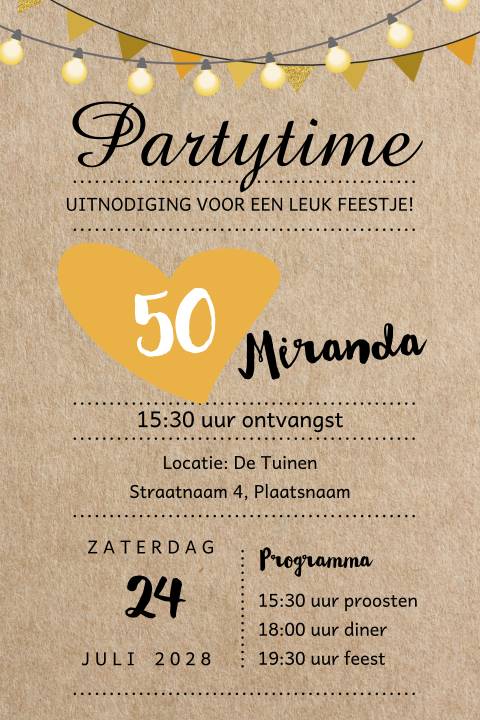 Dubbele uitnodiging voor feestje met karton en lichtslinger
