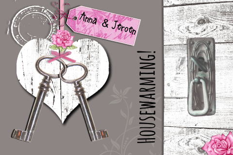 Housewarming kaart met hart en sleutel roze bloem