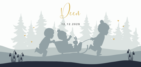 3e kindje geboortekaart jongen met slee jongens