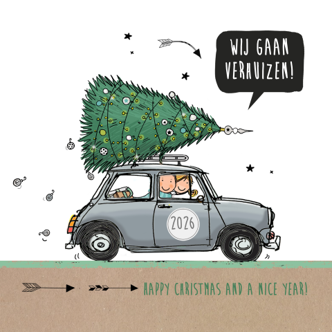 Leuke getekende kerst en verhuiskaart van leuke mini met kerstboom